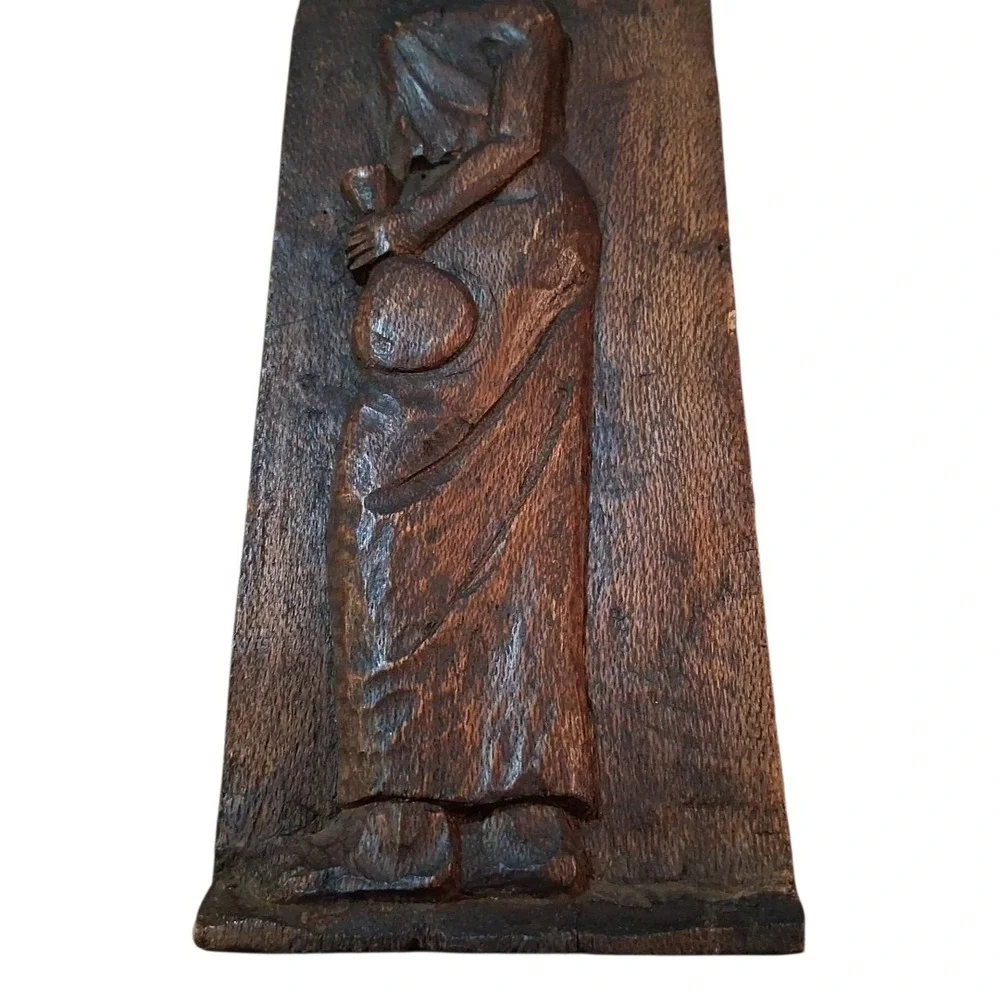 Folk Art Rustic Primitive Woman Figure Hand Carved Wooden Wall Panel Signed 12
